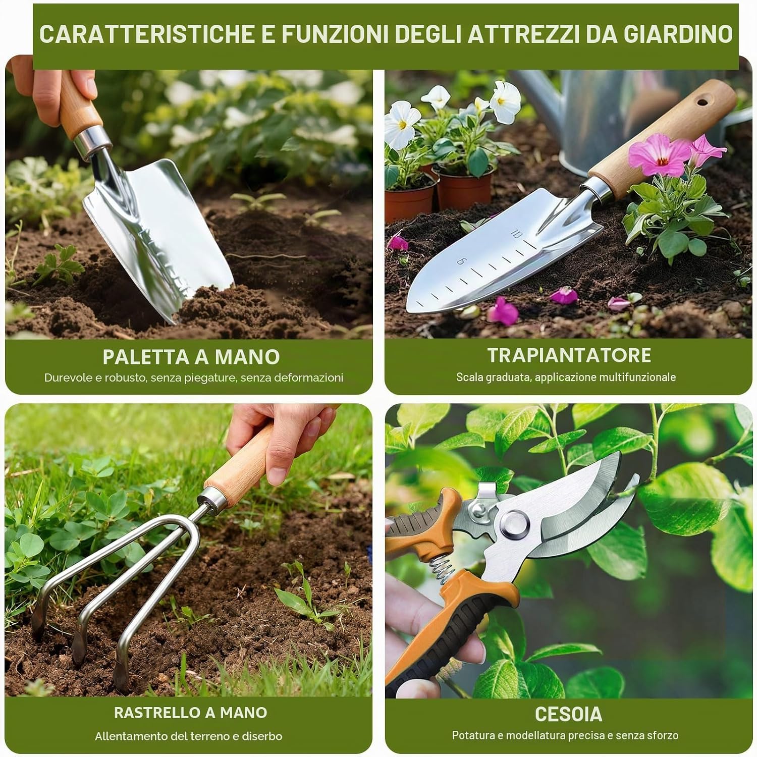 Thumbnail 1 de Kynup Set da Giardinaggio 9 Pezzi: Attrezzi in Acciaio Inossidabile Antiruggine con Manici in Legno Ergonomici