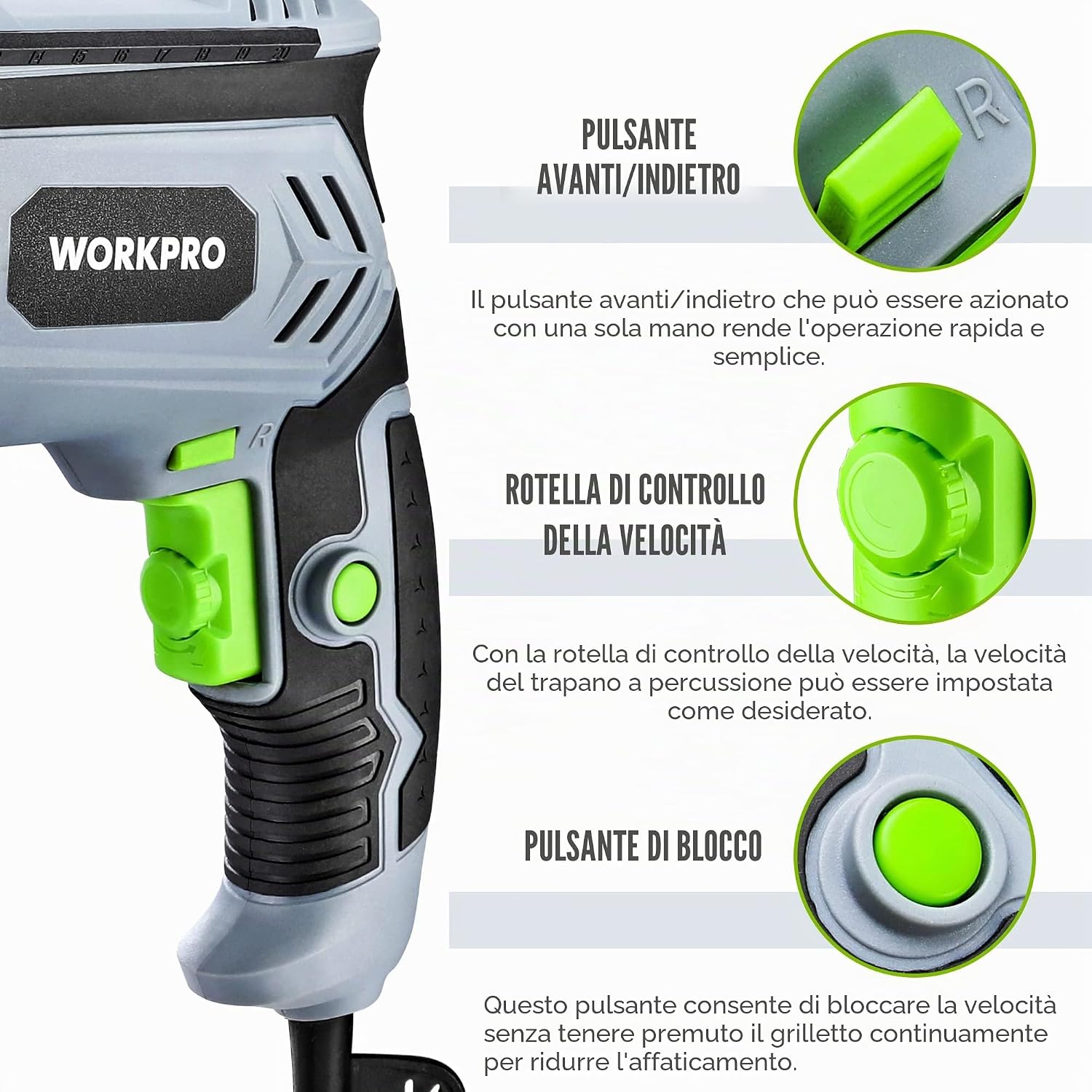 Thumbnail 5 de WORKPRO Trapano a Percussione 850 W con impugnatura girevole 360° (mandrino 2–13 mm)