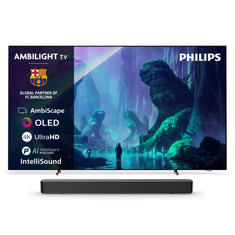 Detalle de Philips OLED 55OLED801/12: 55" OLED 4K con Ambilight y barra TAB4000, ¿merece la pena?