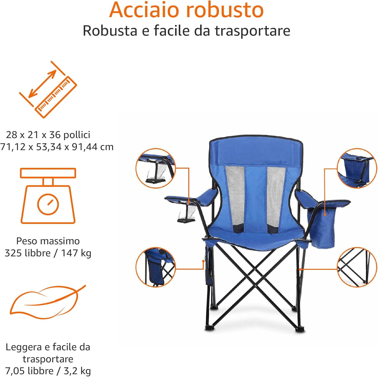 Detalle de Amazon Basics Sedia da campeggio con tasca termica – Blu (rete)