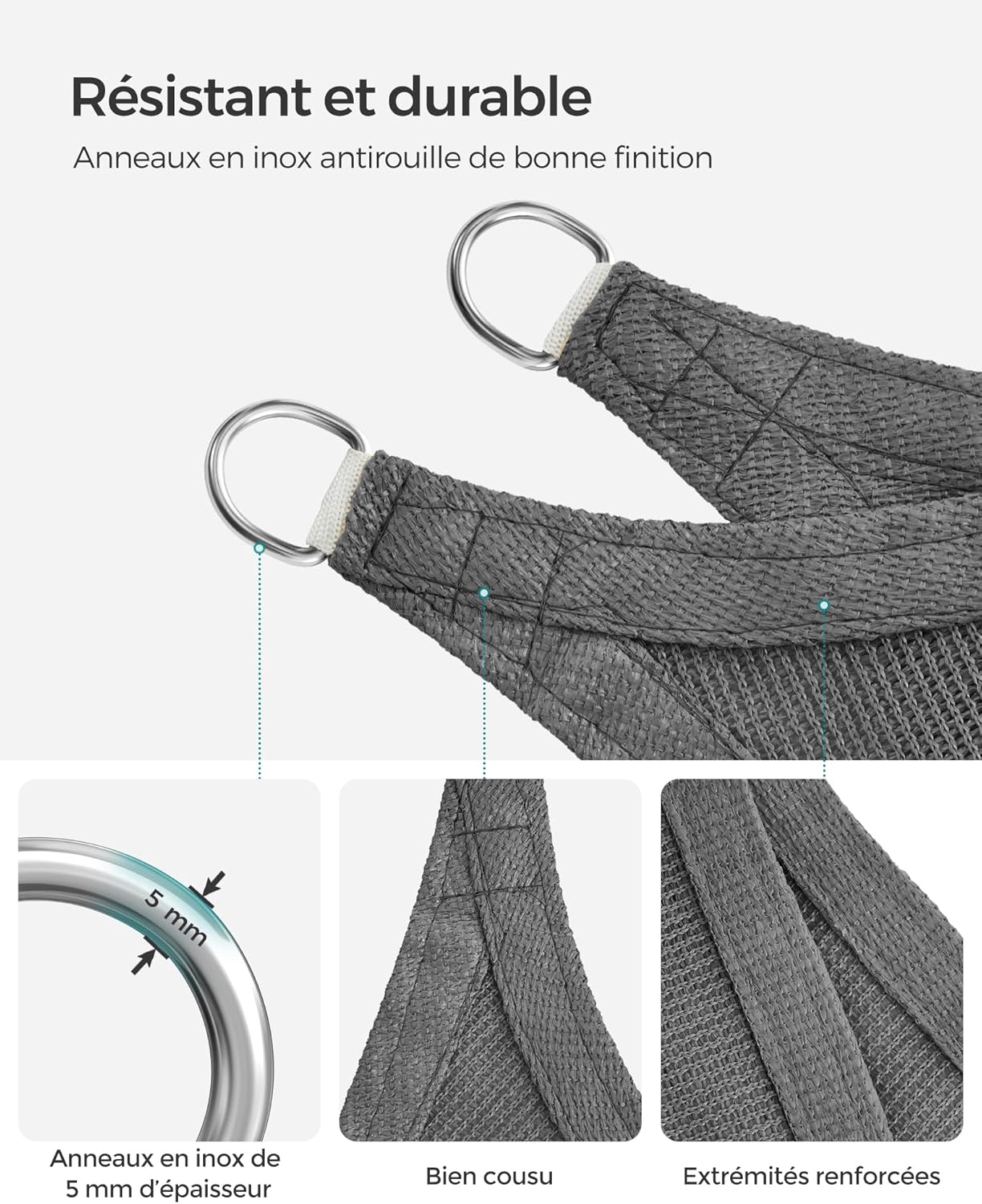 Thumbnail 3 de SONGMICS voile d’ombrage 5 x 5 m en HDPE respirant GSS55GY (gris anthracite)