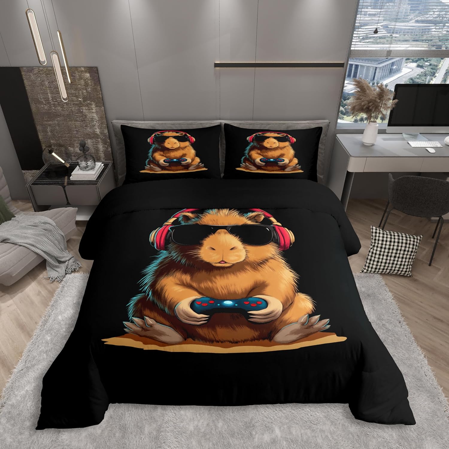Detalle de Homewish Gaming Capybara Bettwäsche-Set 200x200 cm – Capybara & Gaming Design, 2 Kissenbezüge 80x80 cm