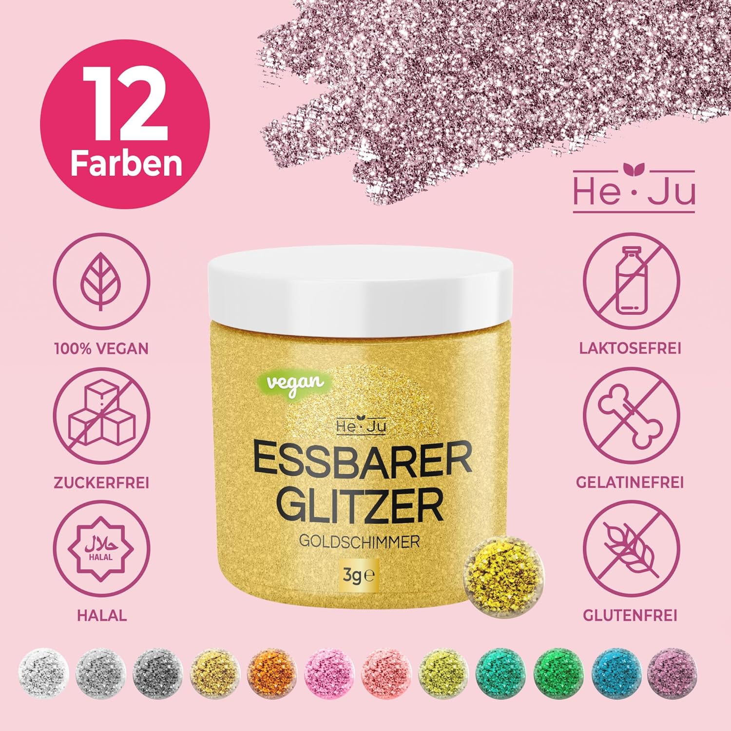 Thumbnail 5 de He-Ju essbarer Glitzer für Getränke & Lebensmittel – 12 Farben à 3 g, vegan, glutenfrei, ohne E171