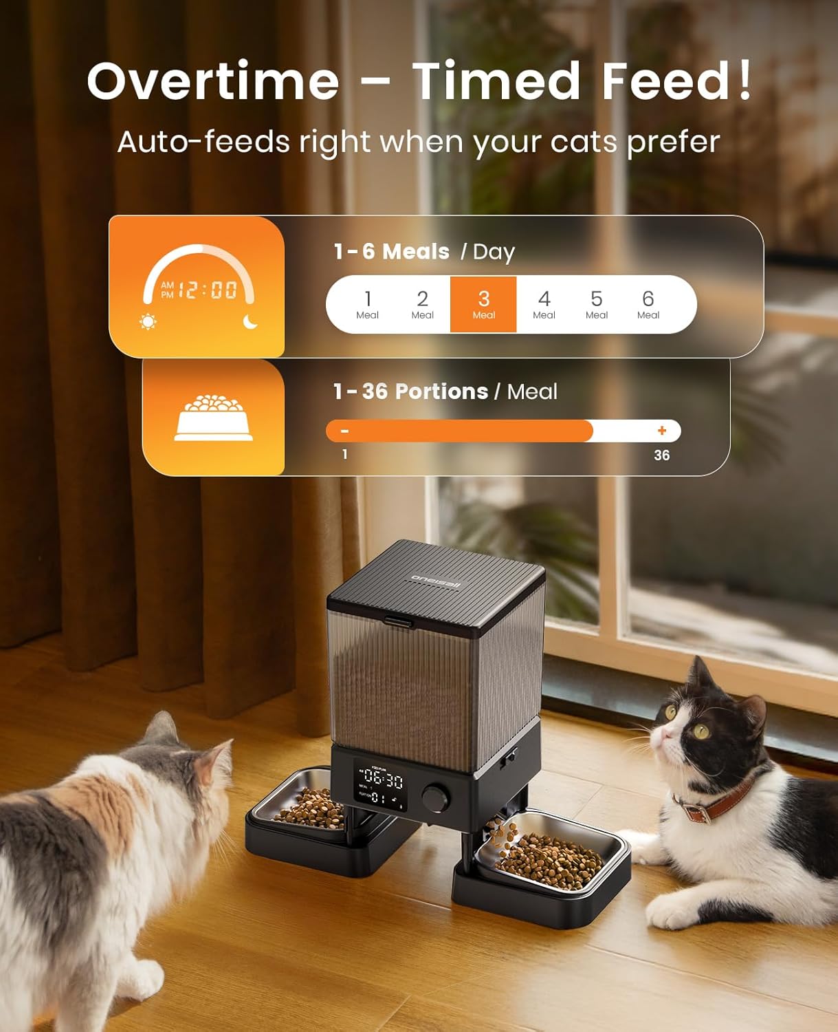Thumbnail 6 de Oneisall Automatic Cat Feeder for 2 Cats: 5L/20 Cups, Timed Dry Food Dispenser with Dual Bowls
