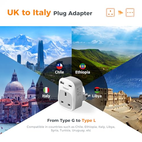 Detalle de TESSAN UK to Italy Plug Adapter with USB-C: 3-in-1 Travel Power Solution