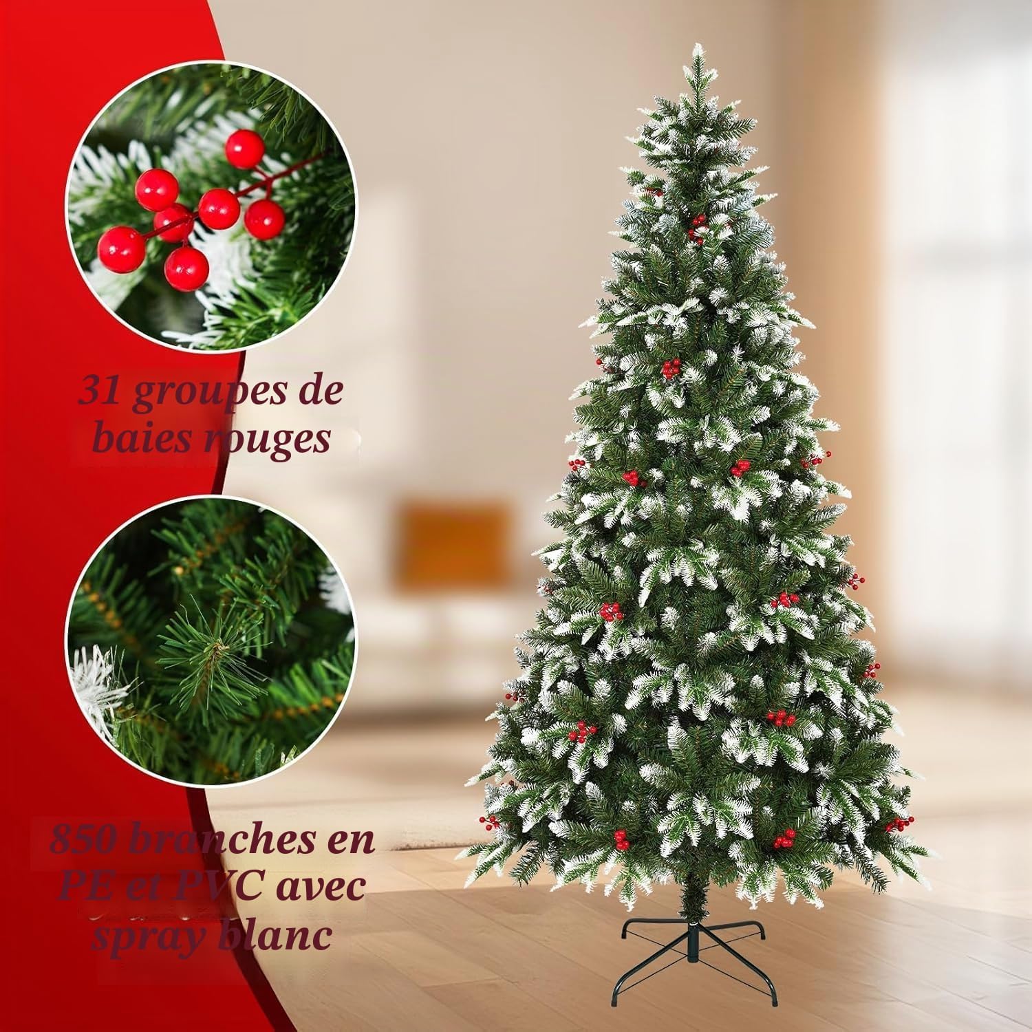 Detalle de Sapin de Noël artificiel Uten 180 cm avec flocons et baies rouges