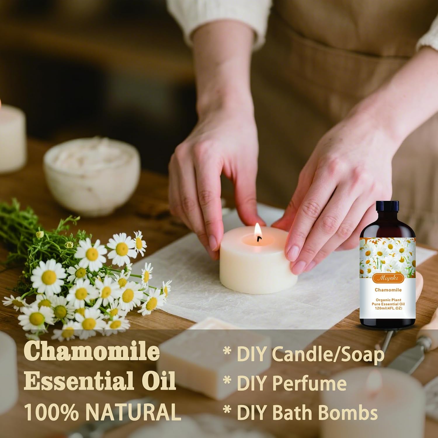 Detalle de Chamomile Essential Oil 4oz (+ Roll-On) for Diffusers — Subtle, Soothing Scent for Home and Office