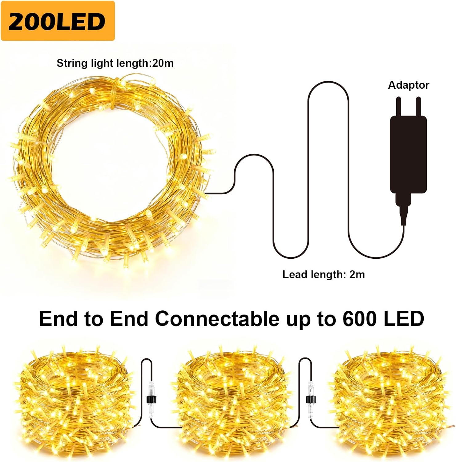 Detalle de MOVEONSTEP Luci Natale Esterno Interno 200LED 22M – Catena Luminosa IP44, 8 Modalità e Memoria