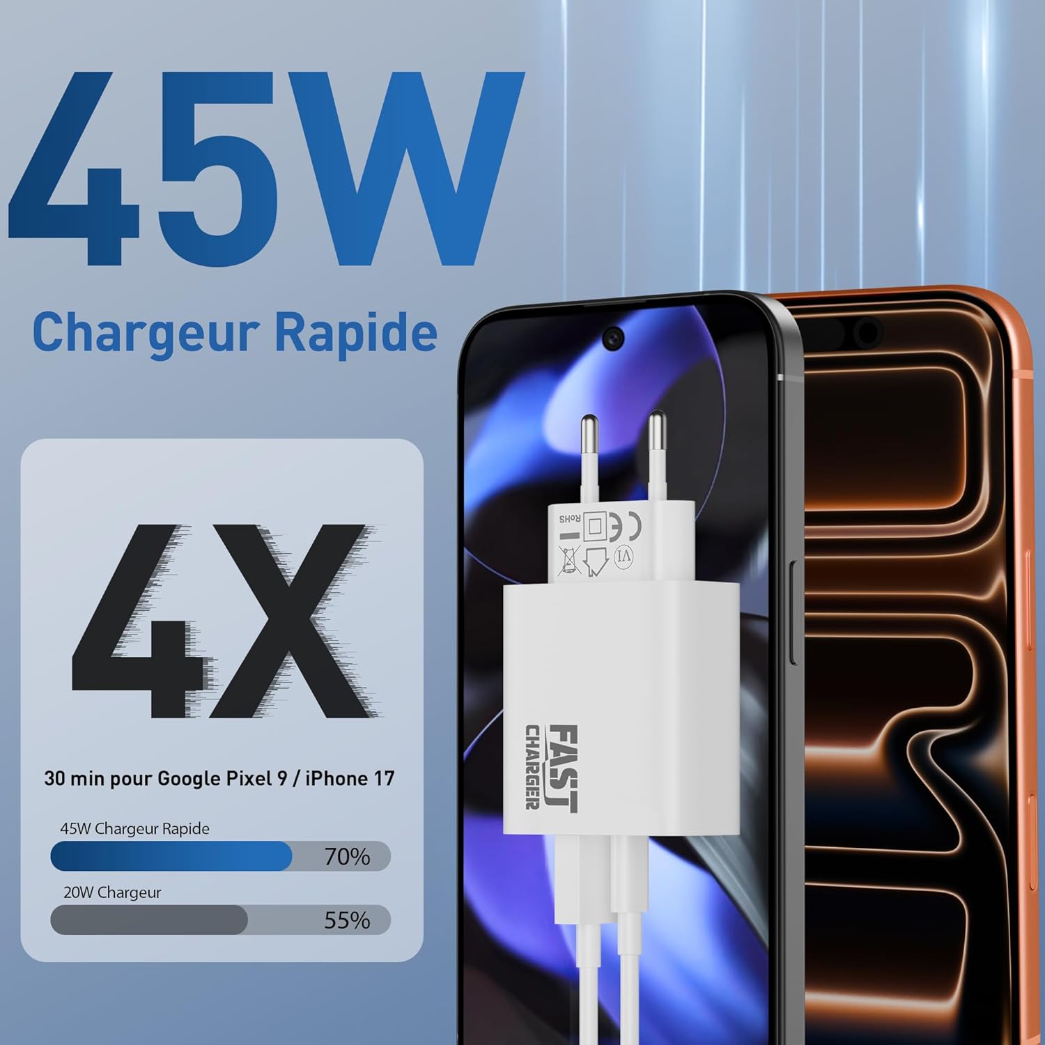 Thumbnail 1 de Chargeur USB-C 45W à 2 ports (USB-C/A) pour Google Pixel et autres compatibles – Câble 2 m inclus