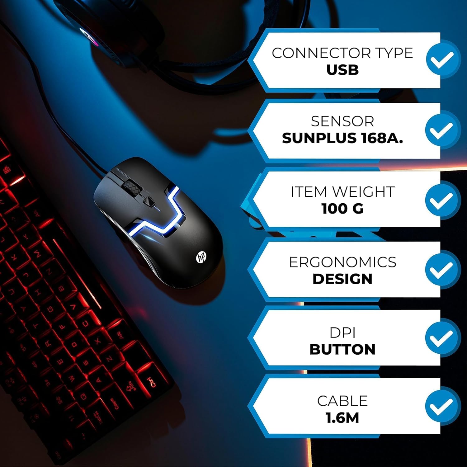 Thumbnail 3 de HP Wired RGB Gaming Mouse with Optical Sensor and 7-Color LED (3 Buttons, 1200 DPI)