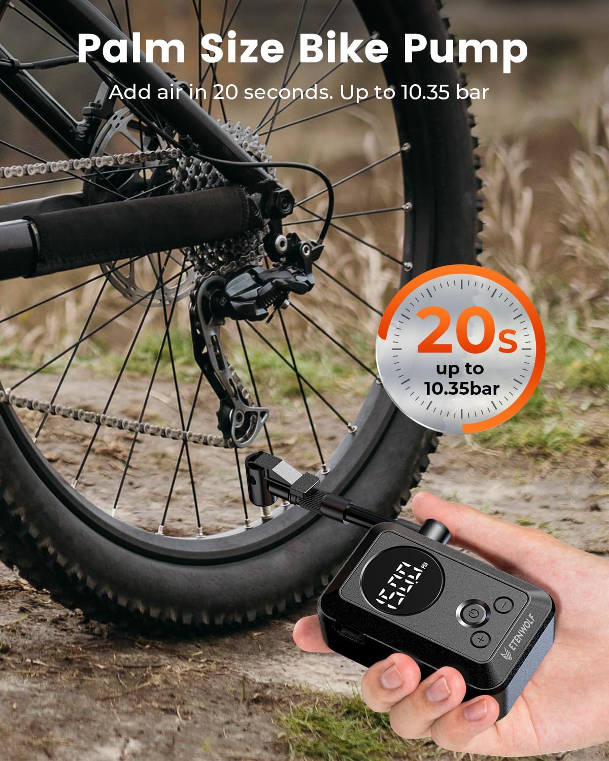Detalle 2 de ETENWOLF Mini Electric Bike Pump with Gauge — 10.34 BAR, Presta & Schrader Compatible
