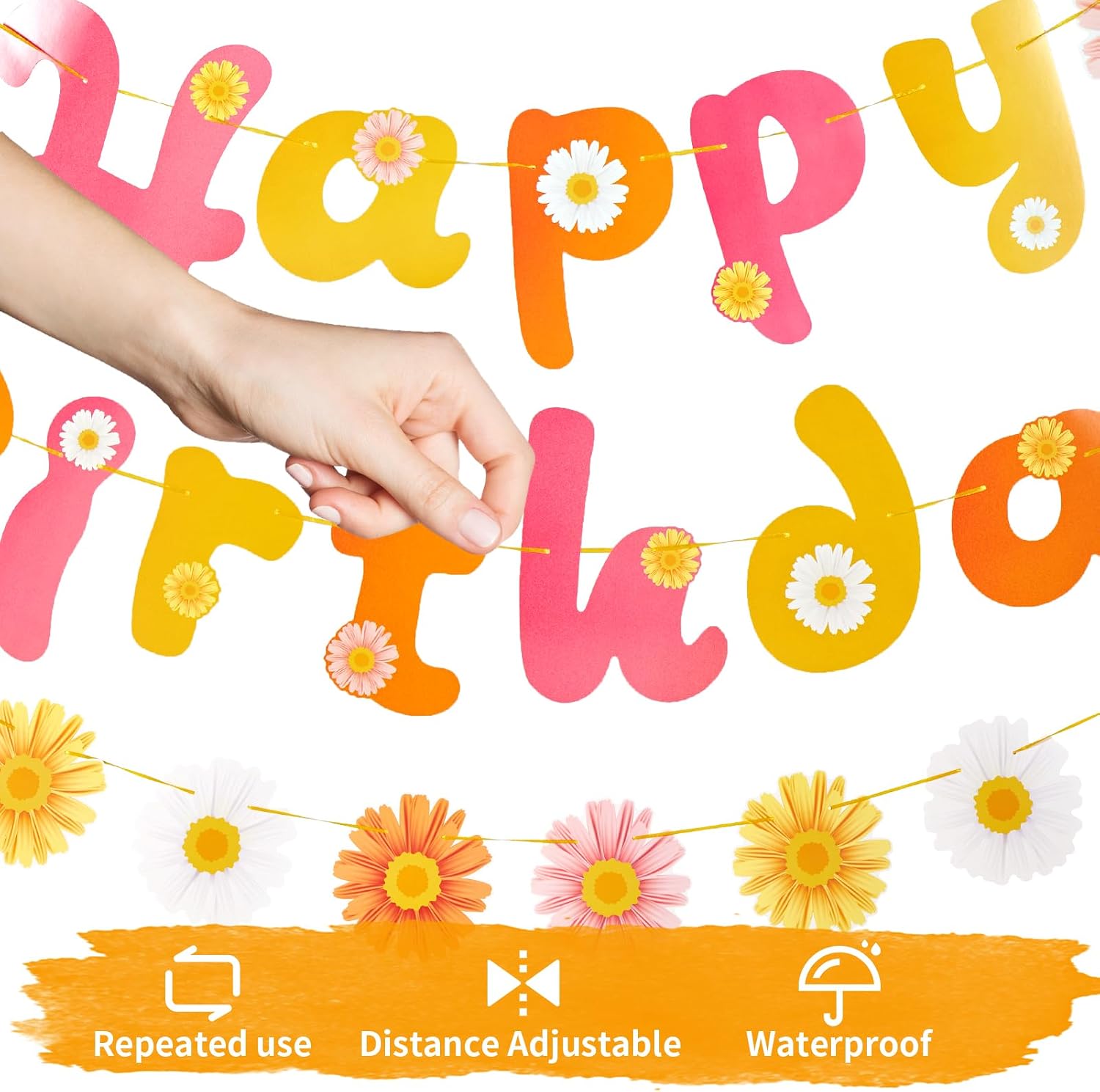 Thumbnail 3 de SUNBEAUTY 3er Girlande mit Gänseblümchen „Happy Birthday“ – Frühling/Party Banner für Deko