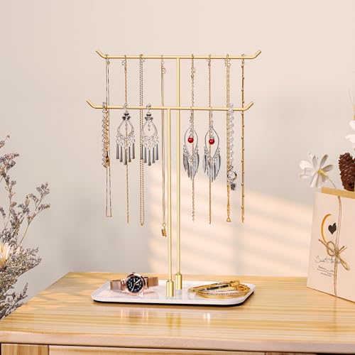 Detalle de Josmimic Soporte para Joyas: bandeja dorada de doble barra para collares, pulseras y anillos