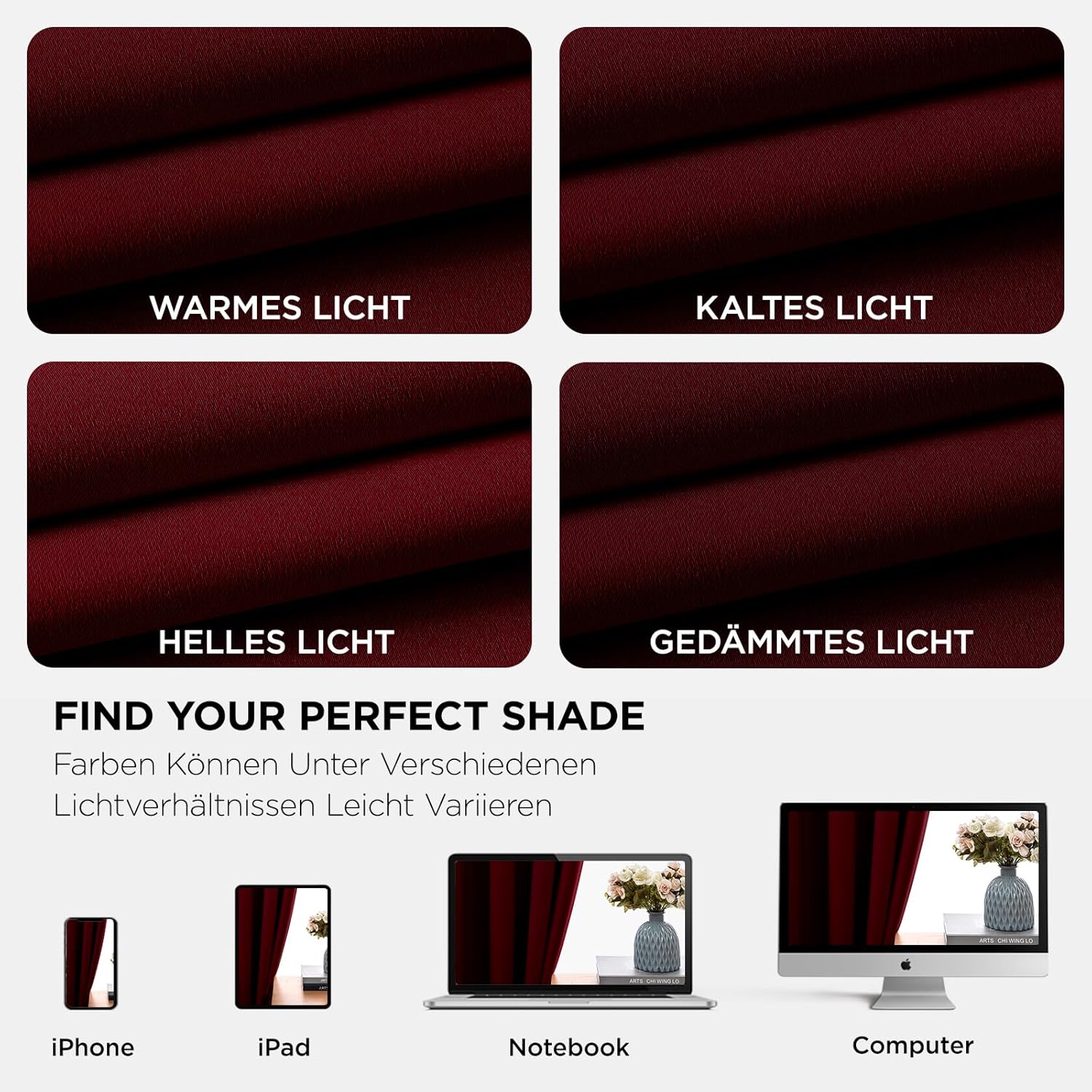 Thumbnail 6 de Joydeco blickdichte Verdunkelungsvorhänge mit Ösen (2 Stück) – Burgunderrot, H 245 x B 140