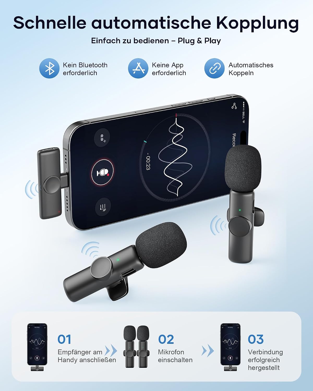 Detalle de CZOCPOS Kabelloses Lavalier Mikrofon 2er Set – Mini Funk-Lavalier für iPhone, iPad & Android (Plug & Play), Schwarz