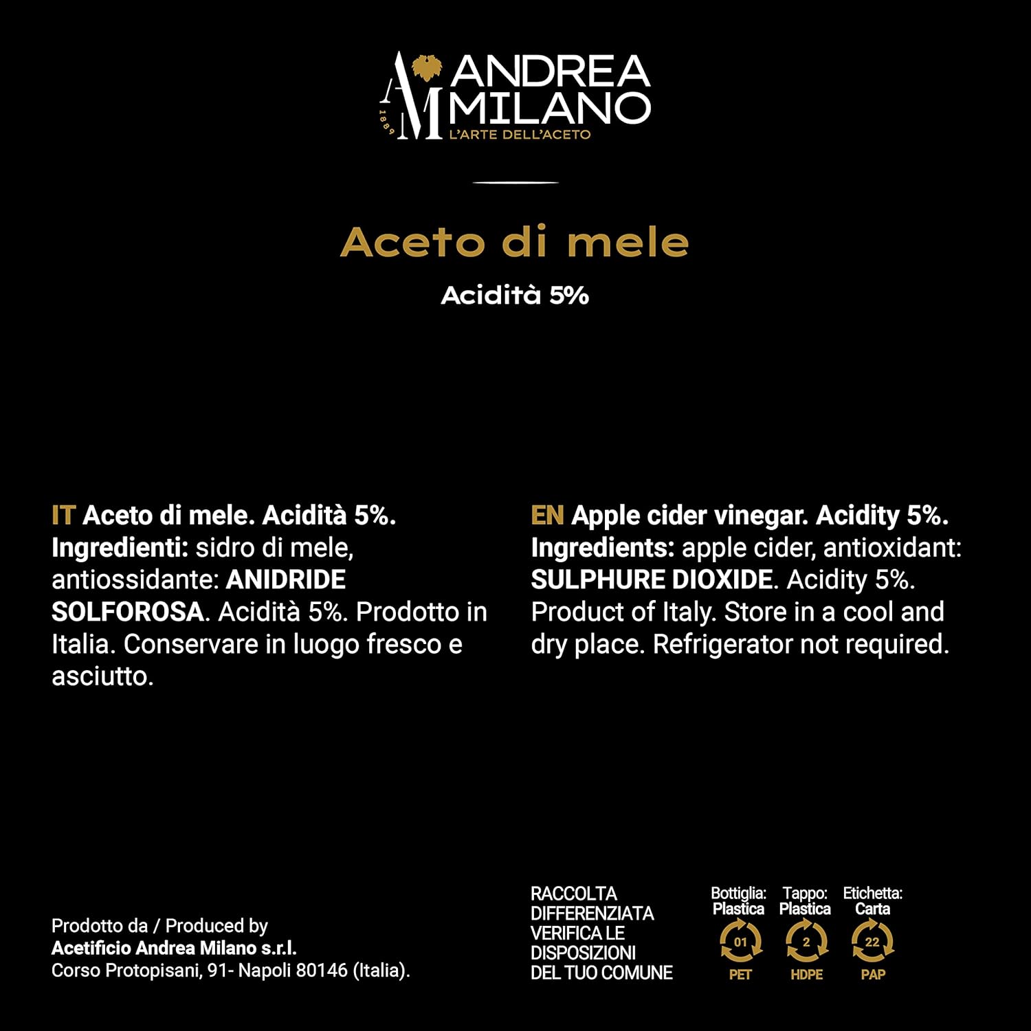Detalle de Andrea Milano Aceto di Mele 12x1 L — Gusto Delicato e Aromatico, ideale con verdure cotte e crude