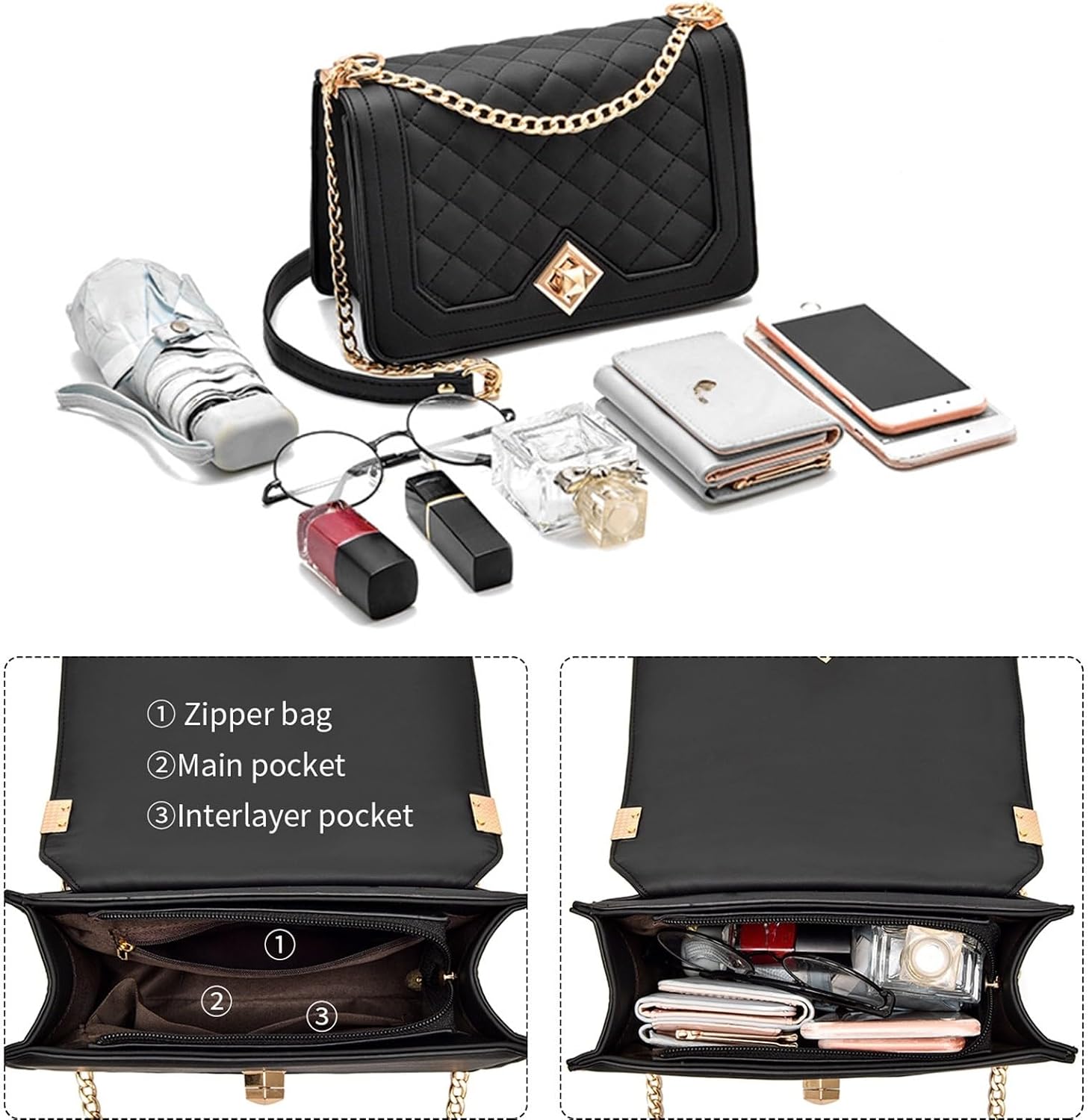 Detalle 2 de Travistar Damen Umhängetasche klein mit Ketten-Schulterriemen (Crossbody) – 23 x 15 x 9 cm