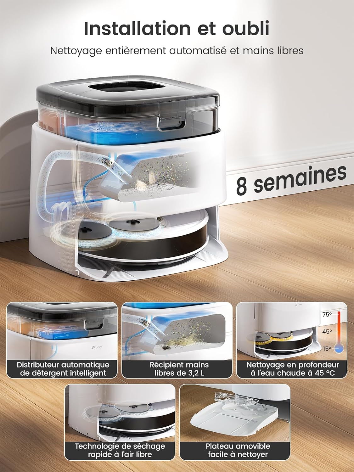 Detalle de Lefant M3 Robot Aspirateur Laveur avec Station Multifonctionnelle — 12 000 Pa, Navigation dToF, 220 min d’autonomie