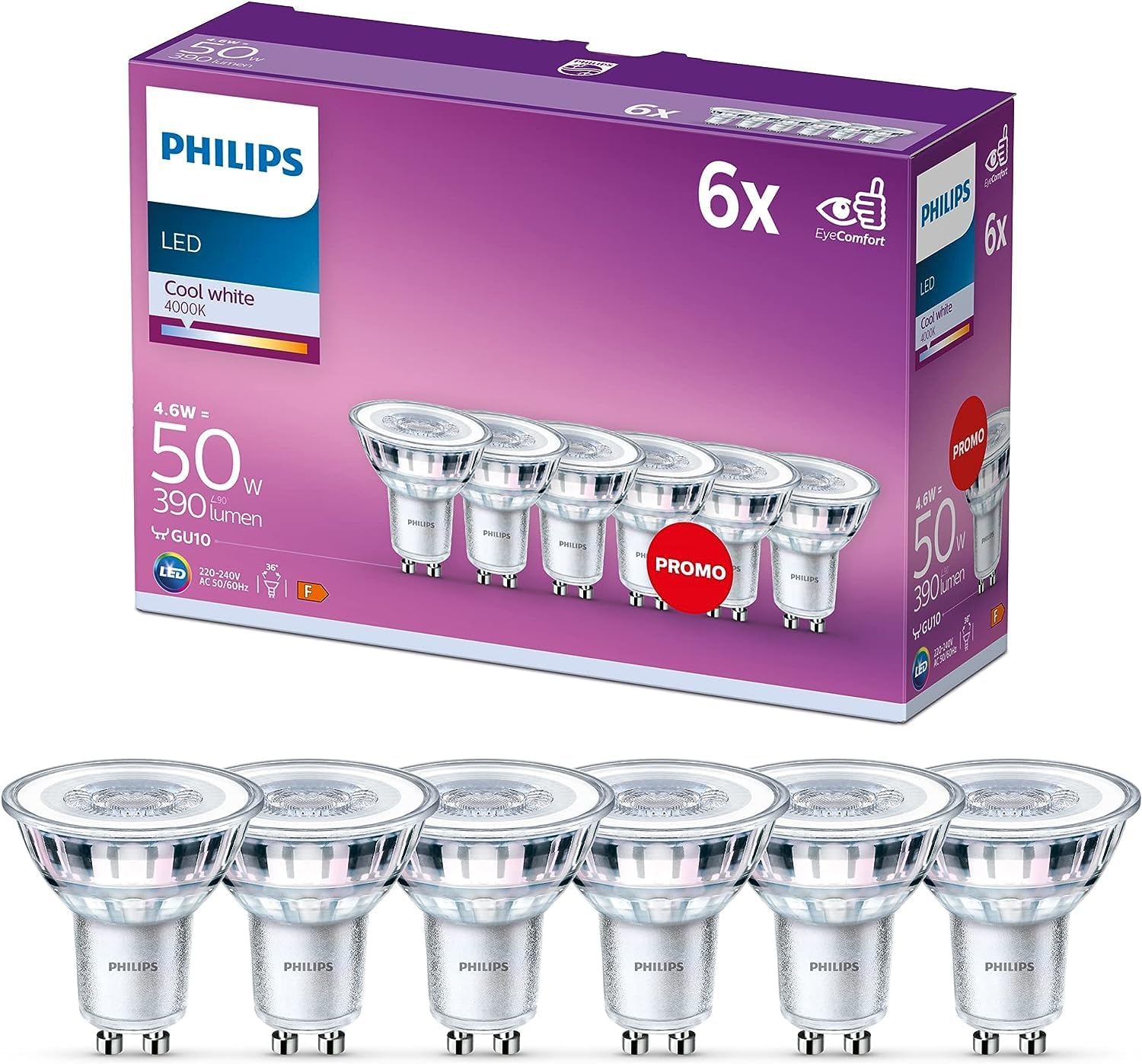 Detalle de PHILIPS LED Classic Spot Light Bulb 6 Pack (GU10) 35W, Cool White 4000K, Non-Dimmable