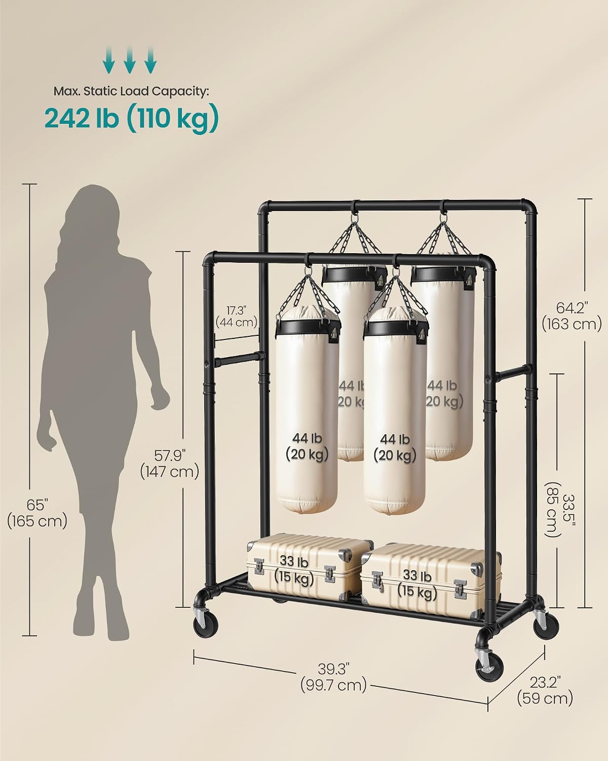 Detalle 2 de SONGMICS HSR60B Clothes Rail on Wheels, 110 kg Capacity, Double Rails
