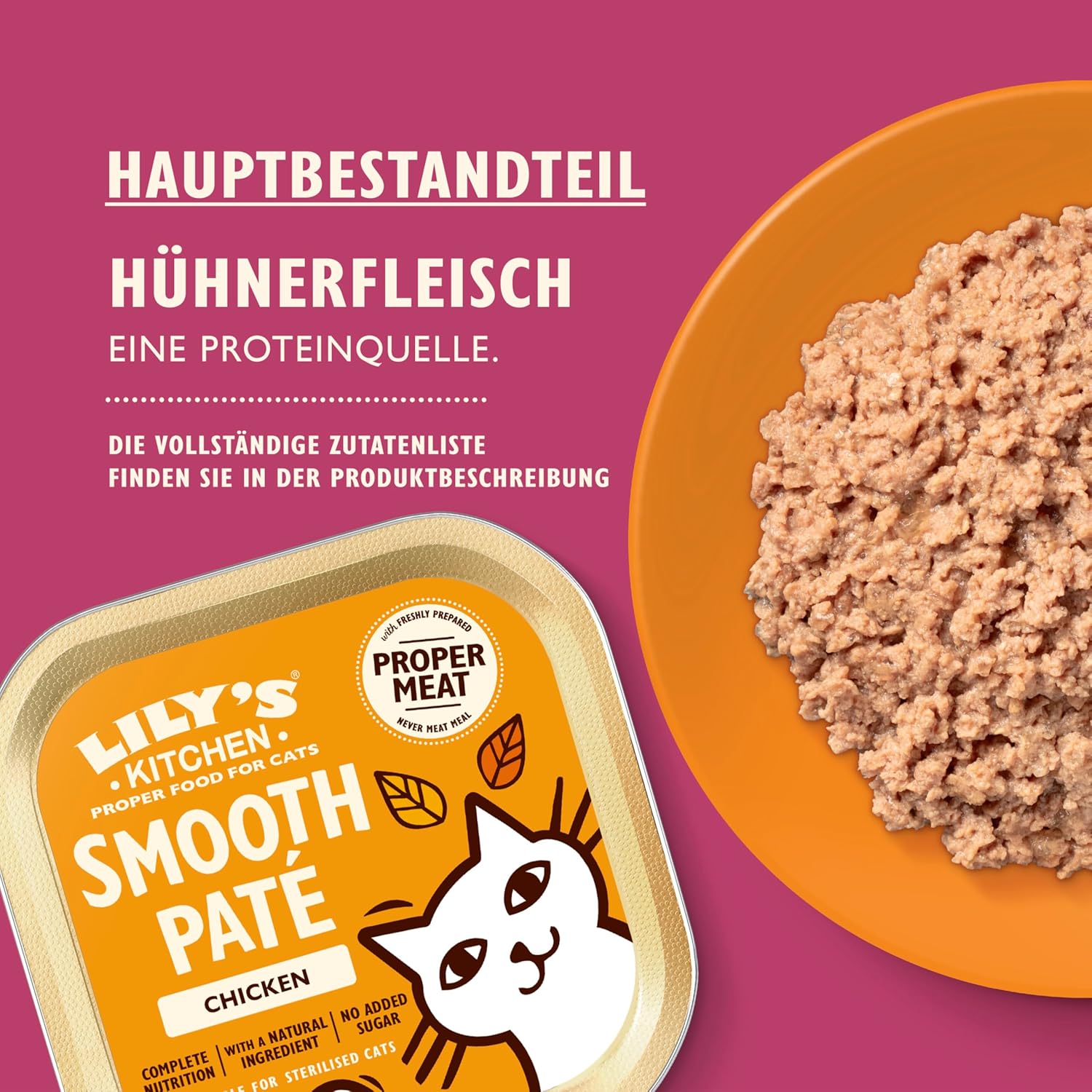 Detalle de Lily’s Kitchen Feine Pastete Hühnchen – Natürliche Zutaten, Nassfutter für Katzen, 19 x 85 g Schale
