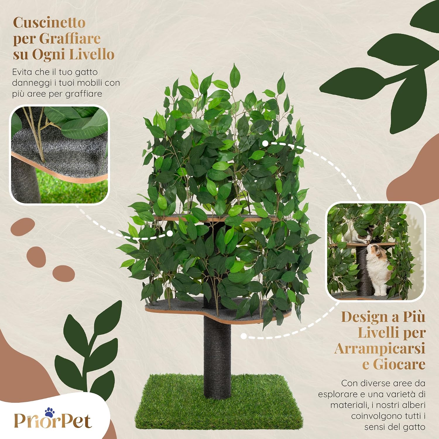 Detalle 2 de Albero per gatti con Foglie – Tiragraffi brevettato con più livelli, 120 cm, verde