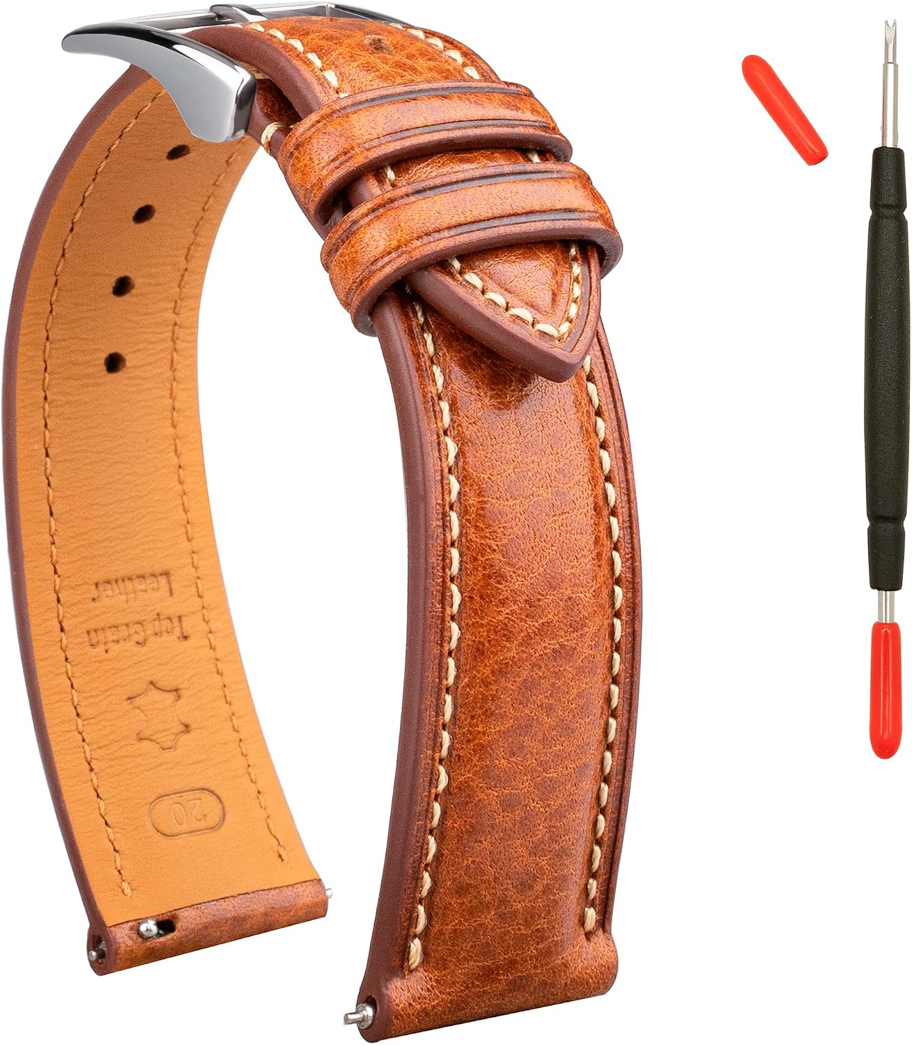 Detalle de Gomvadr Leder Uhrenarmband (pflanzlich gegerbtes Top-Grain), Schnellspanner-Ersatzband – Cognac/Silber, 21 mm (Kontrastnaht)