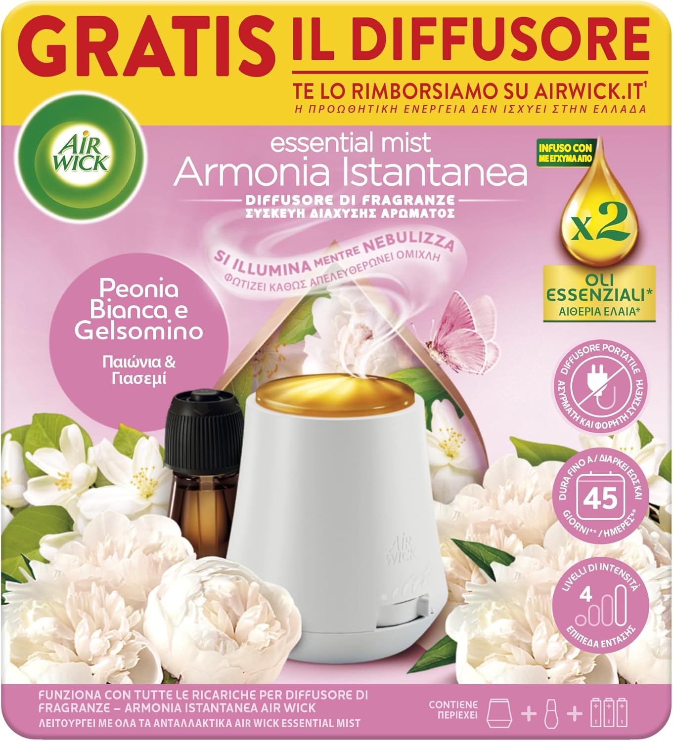 Airwick Armonia Istantanea Profumatore per Ambienti con Diffusore e Ricarica alla Peonia e Gelsomino