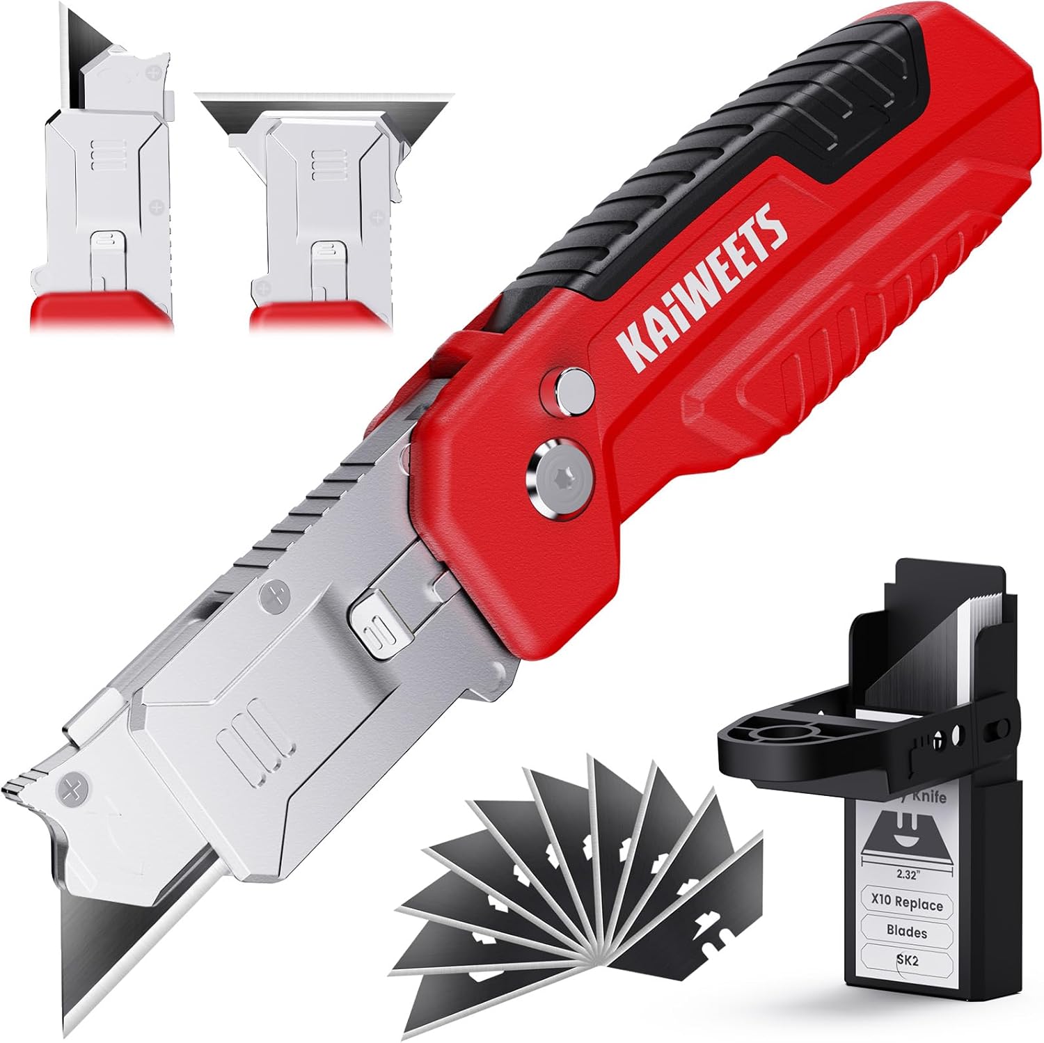 KAIWEETS Cutter 2-in-1 con Raschietto: Taglierino pieghevole con bloccaggio a 3 angoli, lama SK2 e Vano Porta-Lame