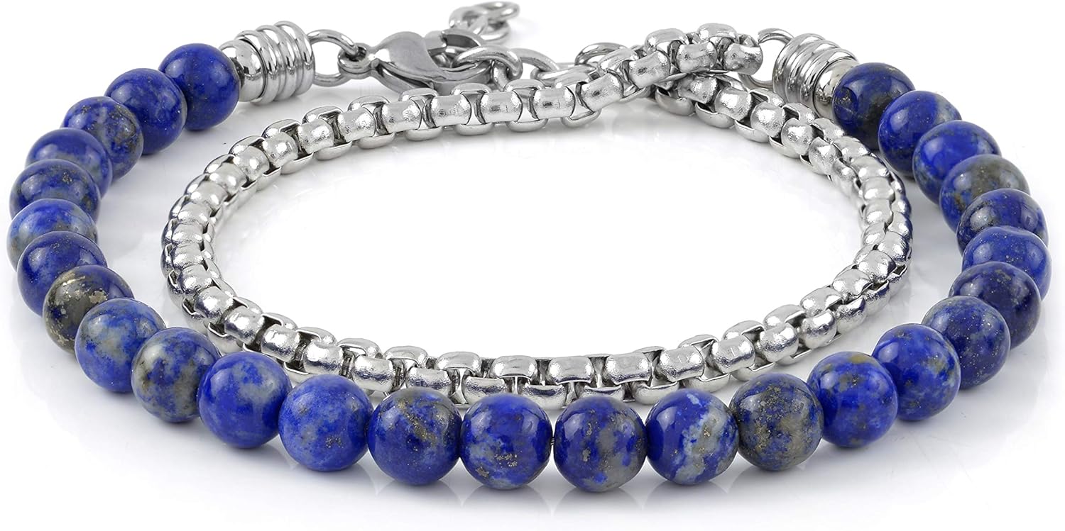 Detalle de 10:10 Bracciale Unisex Pietre Naturali 6 mm — Catena Veneziana in Acciaio Inox Lucido, Made in Italy