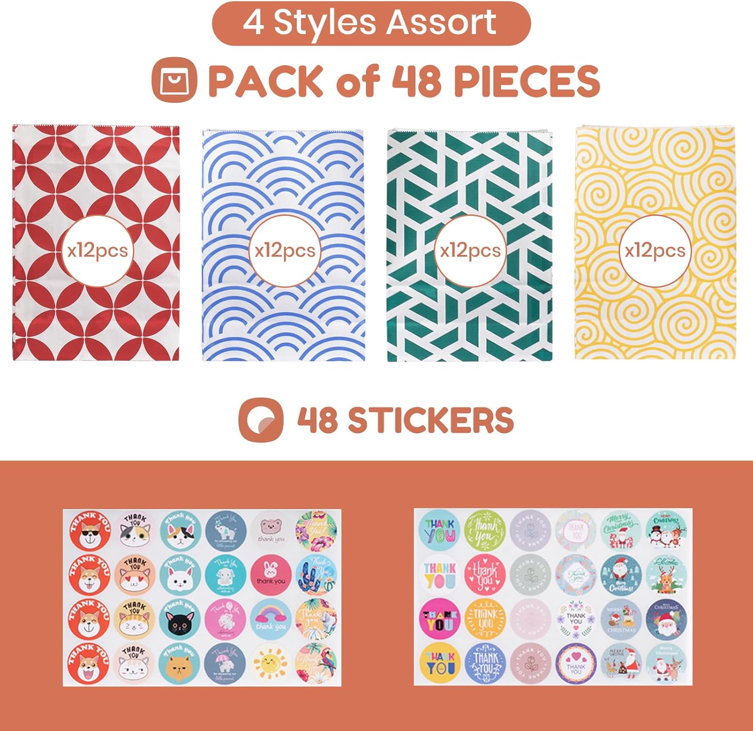 Thumbnail 2 de Parmedu Assorted Colour Paper Gift Bags — 48 Medium Bags (24 × 17 × 8 cm) with Stickers