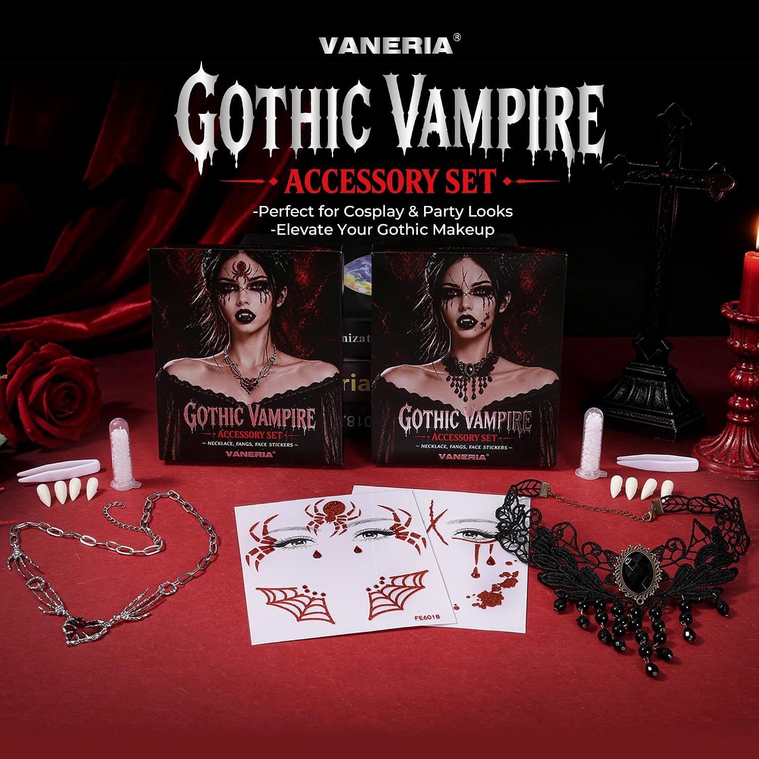 Detalle de VANERIA Ensemble d’accessoires gothiques, collier en dentelle et détails vampire
