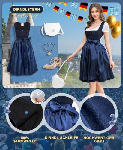 Detalle de DIRNDLSTERN Damen-Dirndl München Nachtblau – Midi, ohne Schnürung, Rock 60 cm, Gr. 42