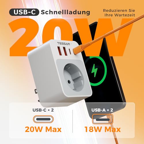 Detalle de TESSAN 2er Pack Klappbarer USA Adapter Steckdose mit 4 USB