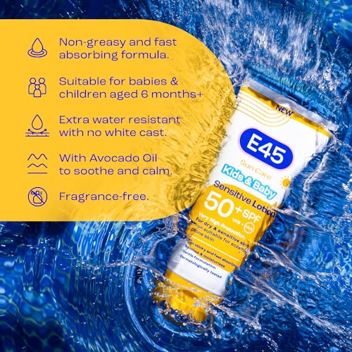 Detalle de E45 Kids & Baby Sun Lotion SPF 50+ for Sensitive Skin – Gentle UVA/UVB Protection with Avocado Oil