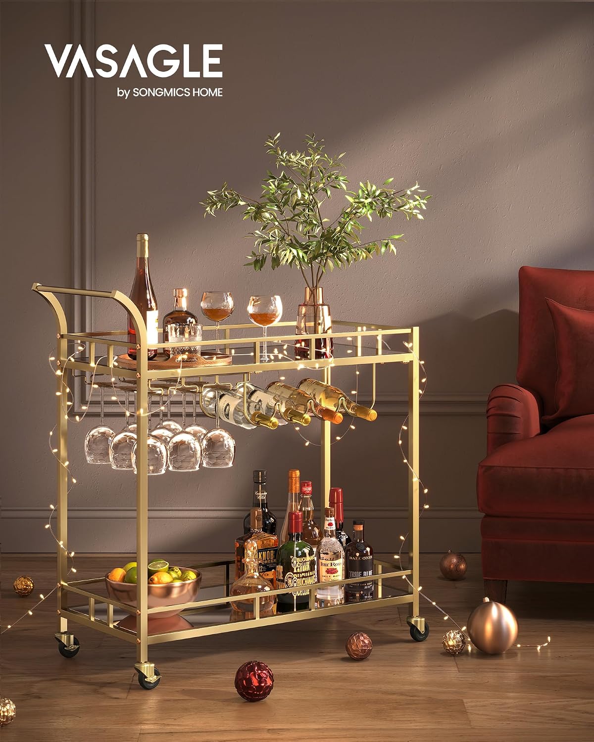 Thumbnail 1 de VASAGLE Baris LRC090A03 Drinks Trolley, 2-Tier Mirrored Glass, Antique Gold