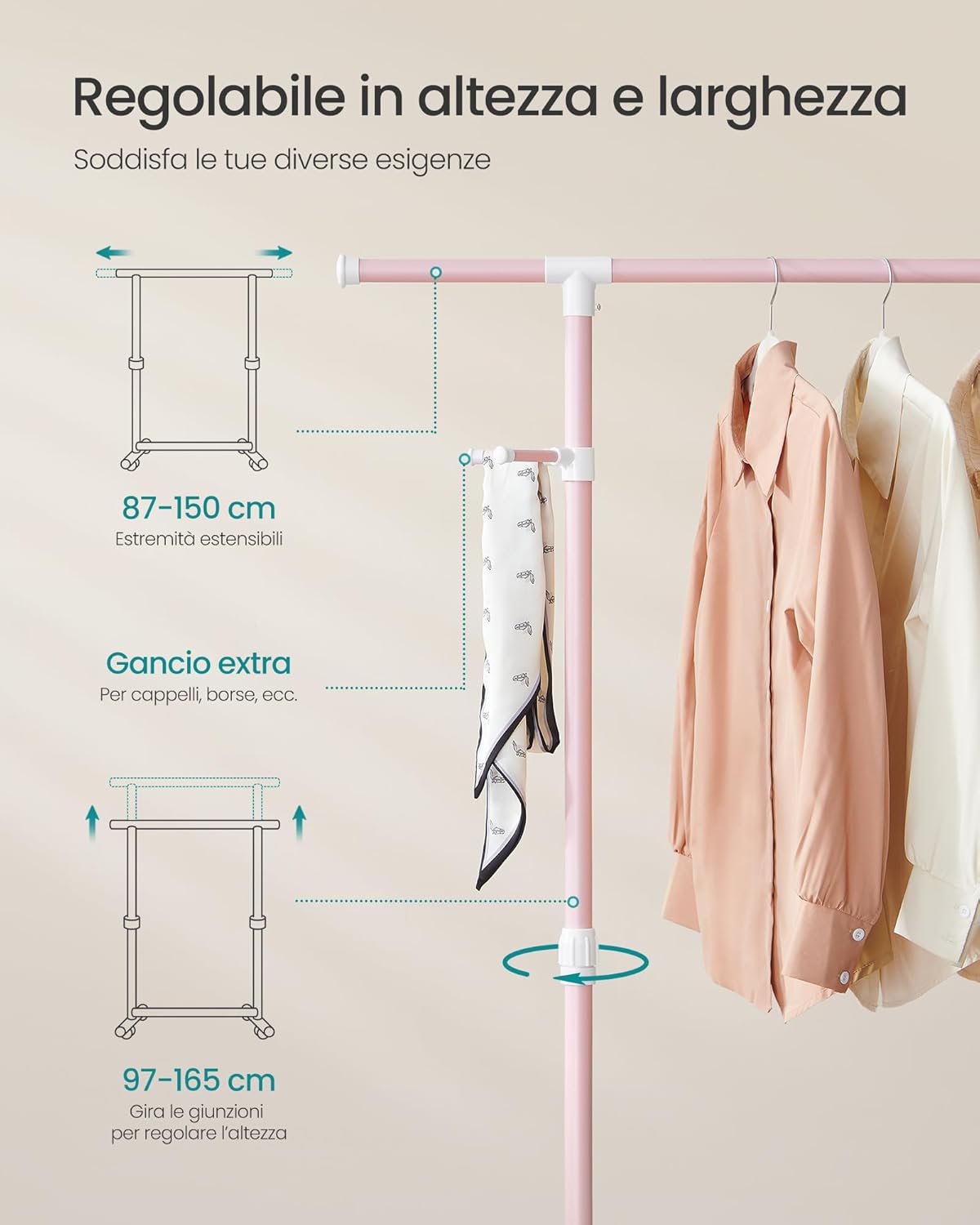 Detalle de SONGMICS LLR001R02 stand appendiabiti con ruote, altezza regolabile 97–165 cm e barra estensibile (rosa pastello)
