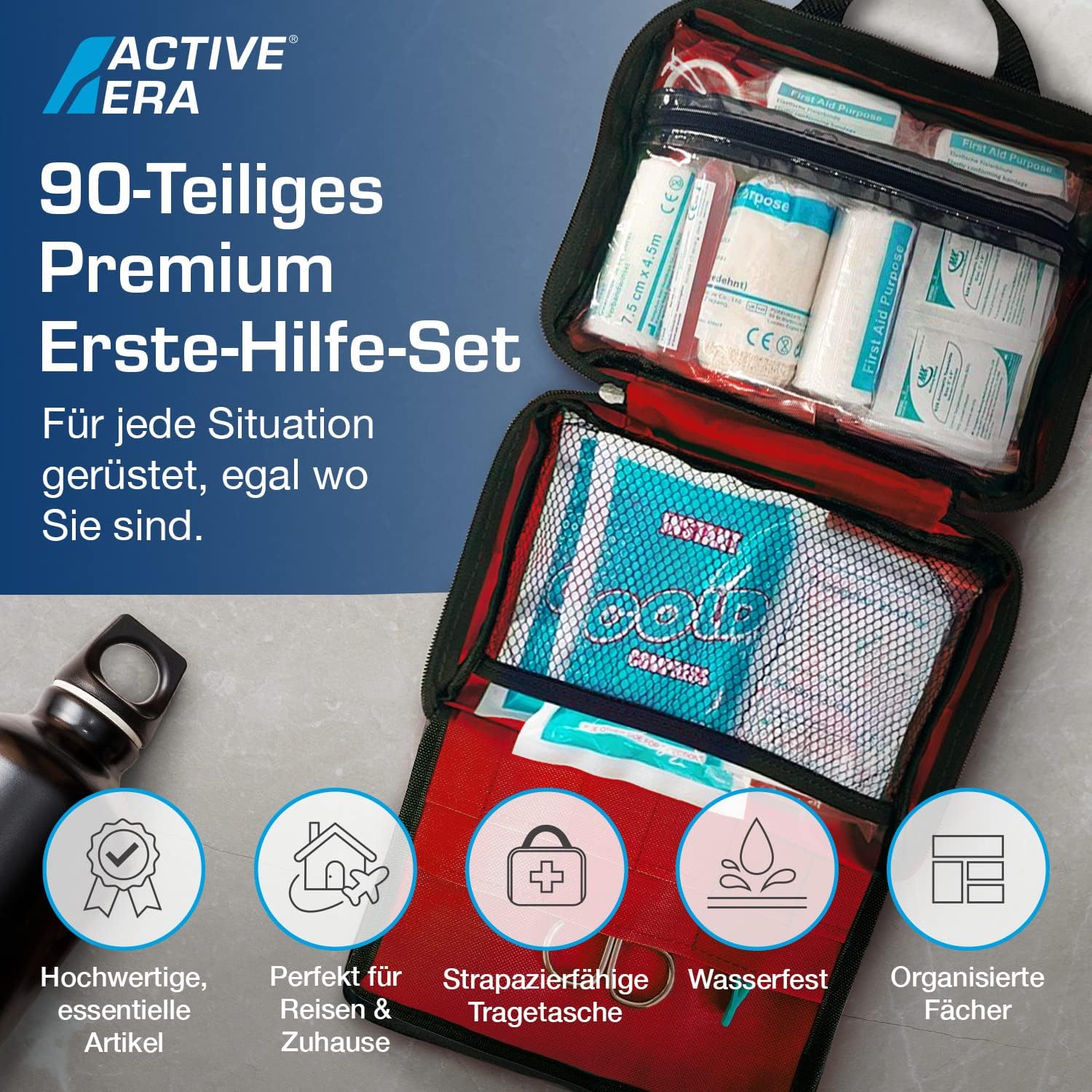 Detalle 2 de Active Era Erste Hilfe Set – 90-teiliges Premium Erste Hilfe Paket mit Sofort Kühlpacks, Augenspülung und Rettungsdecke