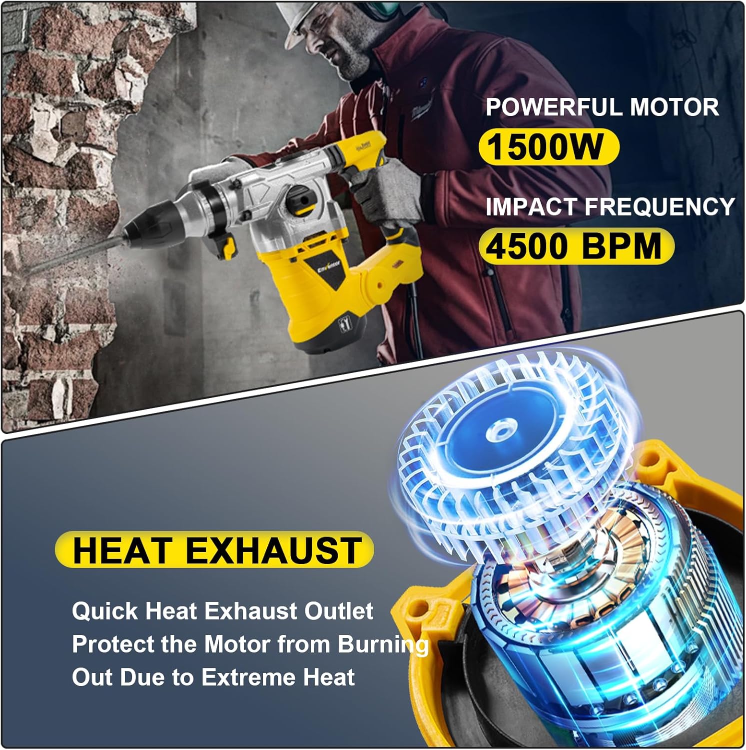 Detalle de Enventor 1500W Heavy Duty Rotary Hammer Drill (SDS-Plus) with 360° Auxiliary Handle