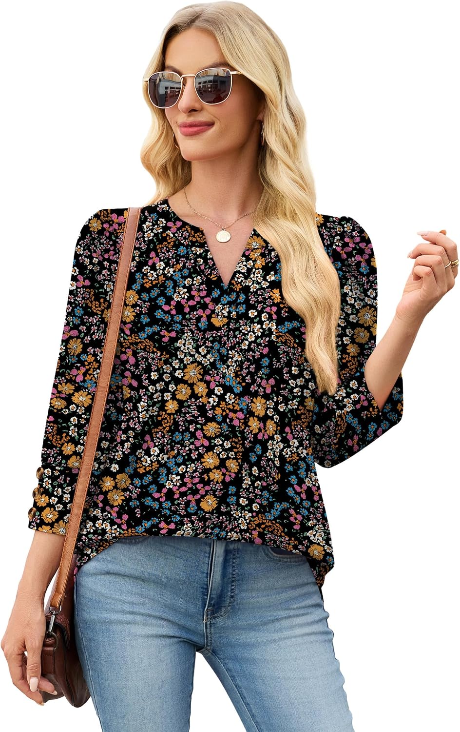 Detalle de WIHOLL 3/4 Length Sleeve V-Neck Blouse with Button Cuffs