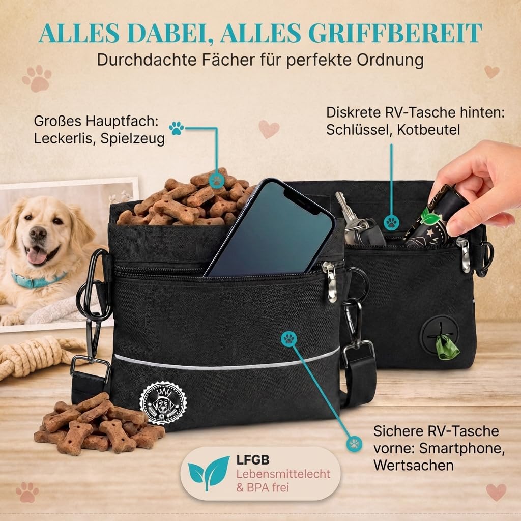 Thumbnail 2 de HUND IST KÖNIG Leckerlietasche für Hunde mit Einhand-Magnetverschluss und 2 Zip-Fächern