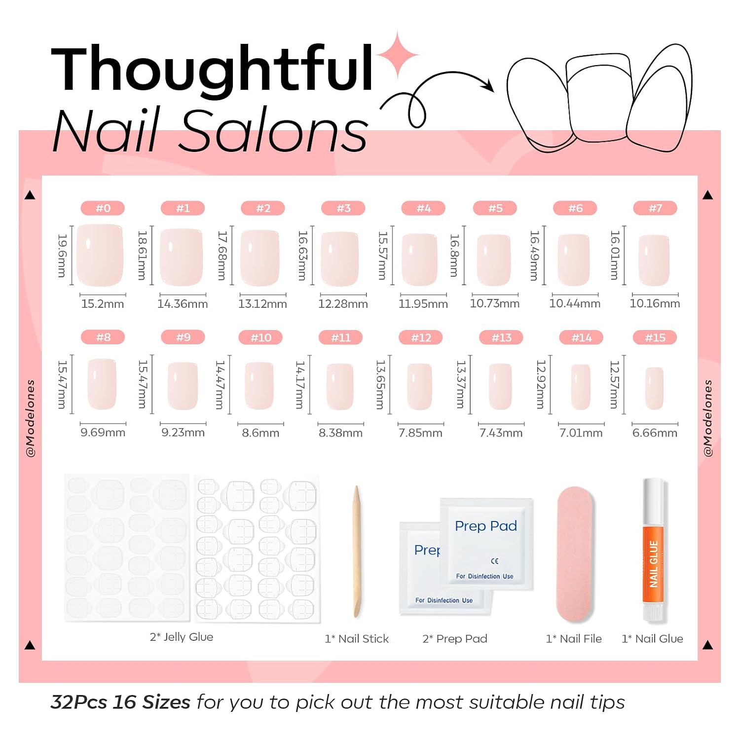 Detalle de Modelones Baby Pink Press on Nails: 32-Piece Summer Short Square Reusable Nail Kit