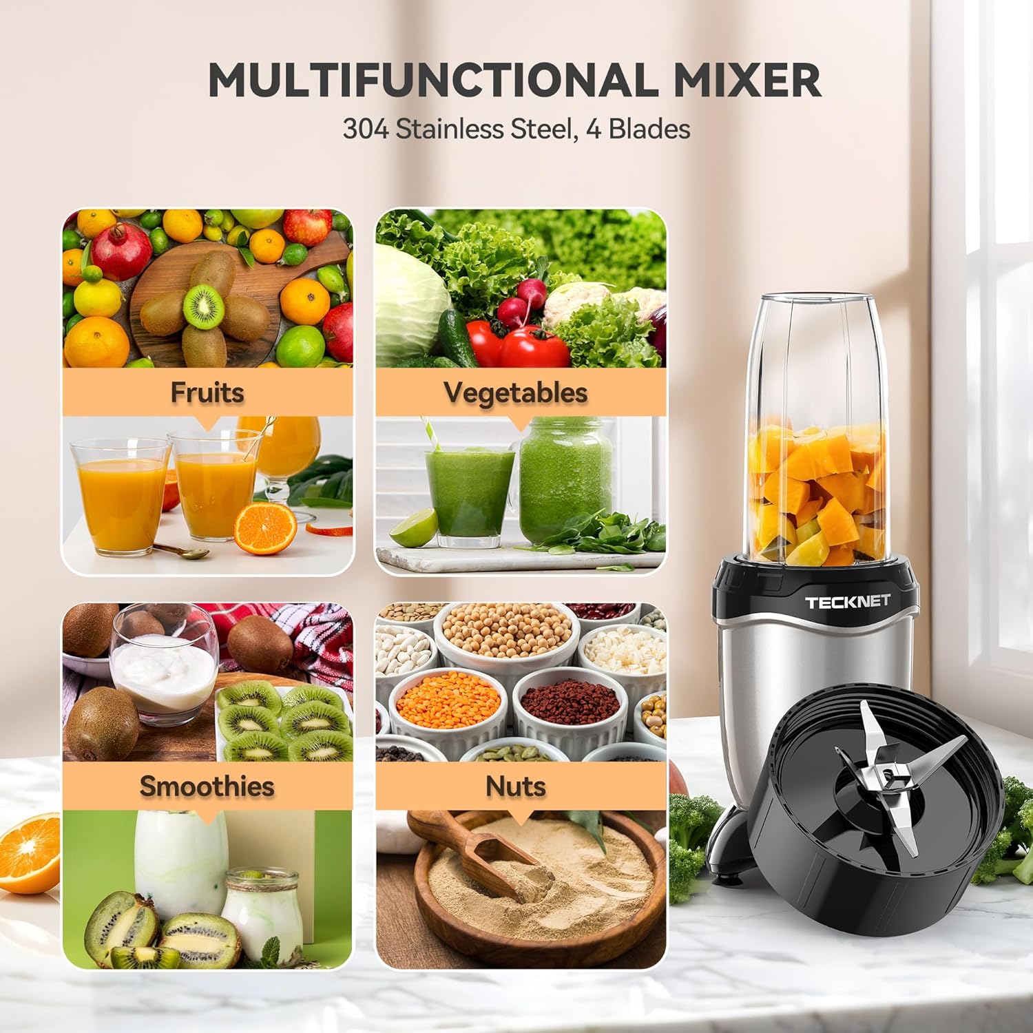 Detalle de TECKNET 600W Powerful Personal Blender Smoothie Maker with 500ml portable cups and 150ml grinding cup