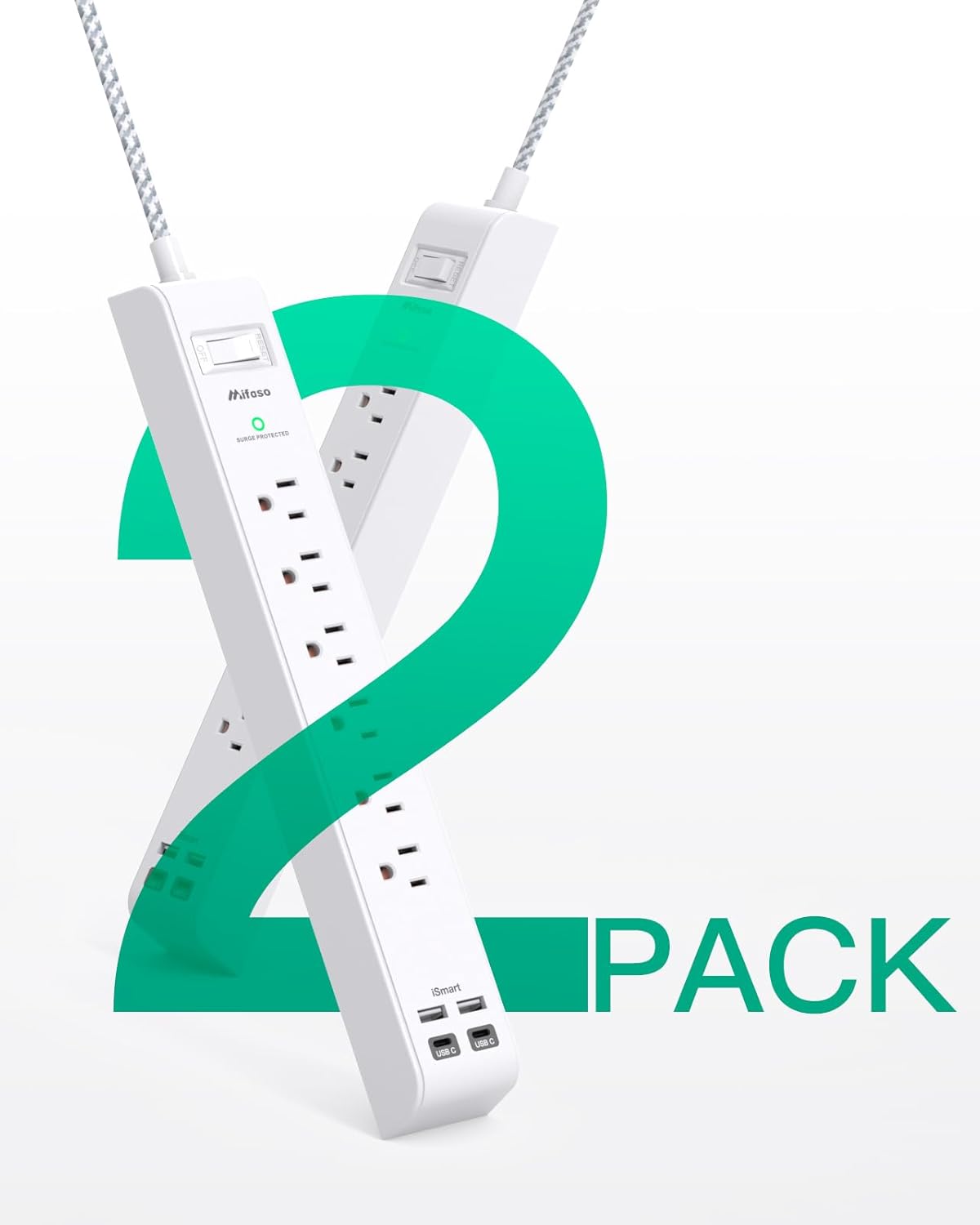 Detalle 2 de mifaso THU6046F Power Bar 2-Pack, 12 ft Braided Cord, 6 Outlets & 4 USB Ports