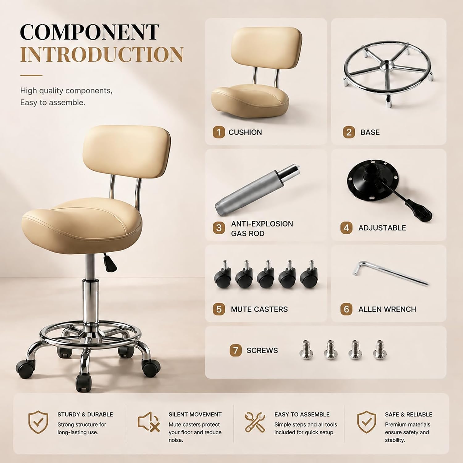 Thumbnail 5 de Walktory MAYCAV3-Backrest-Khaki Saddle Stool with Back, Adjustable Height