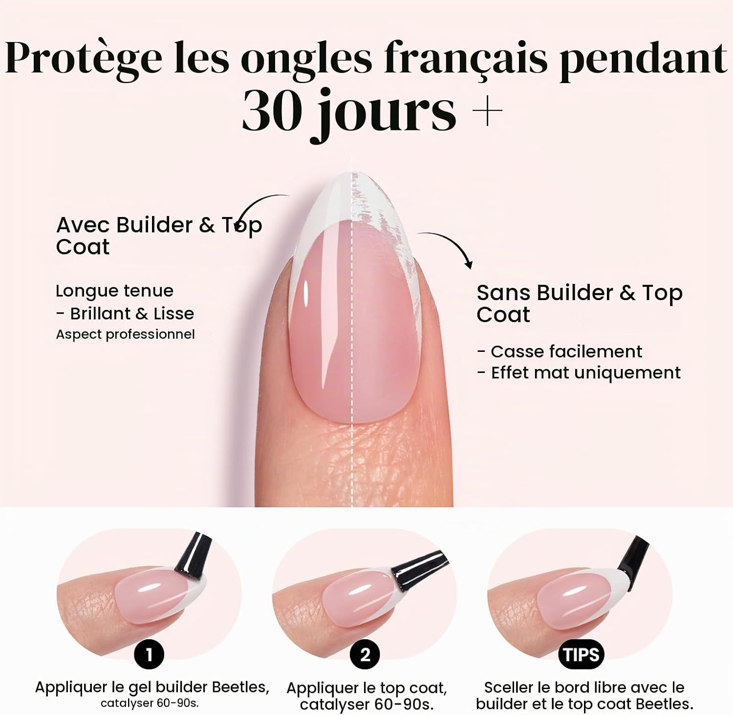 Detalle 1 de Beetles French Tip nageltips, extra kort, amandelroze gel, 210 stuks