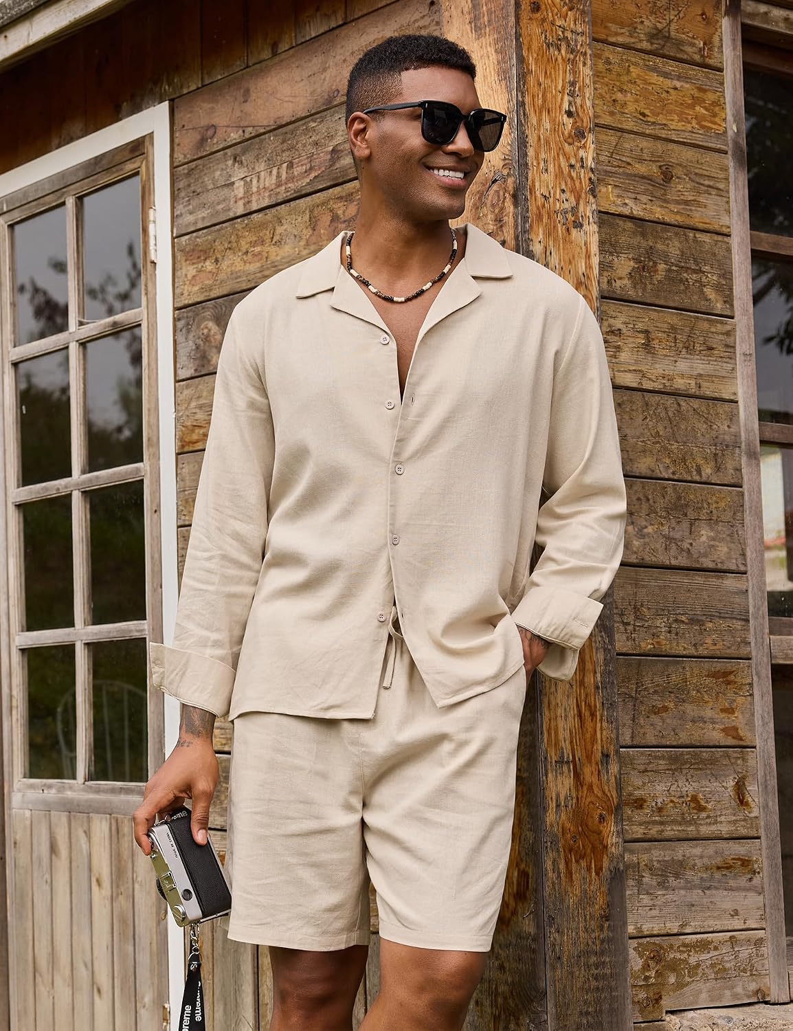 Detalle de URRU Men's Linen-Blend Shirt and Shorts Set