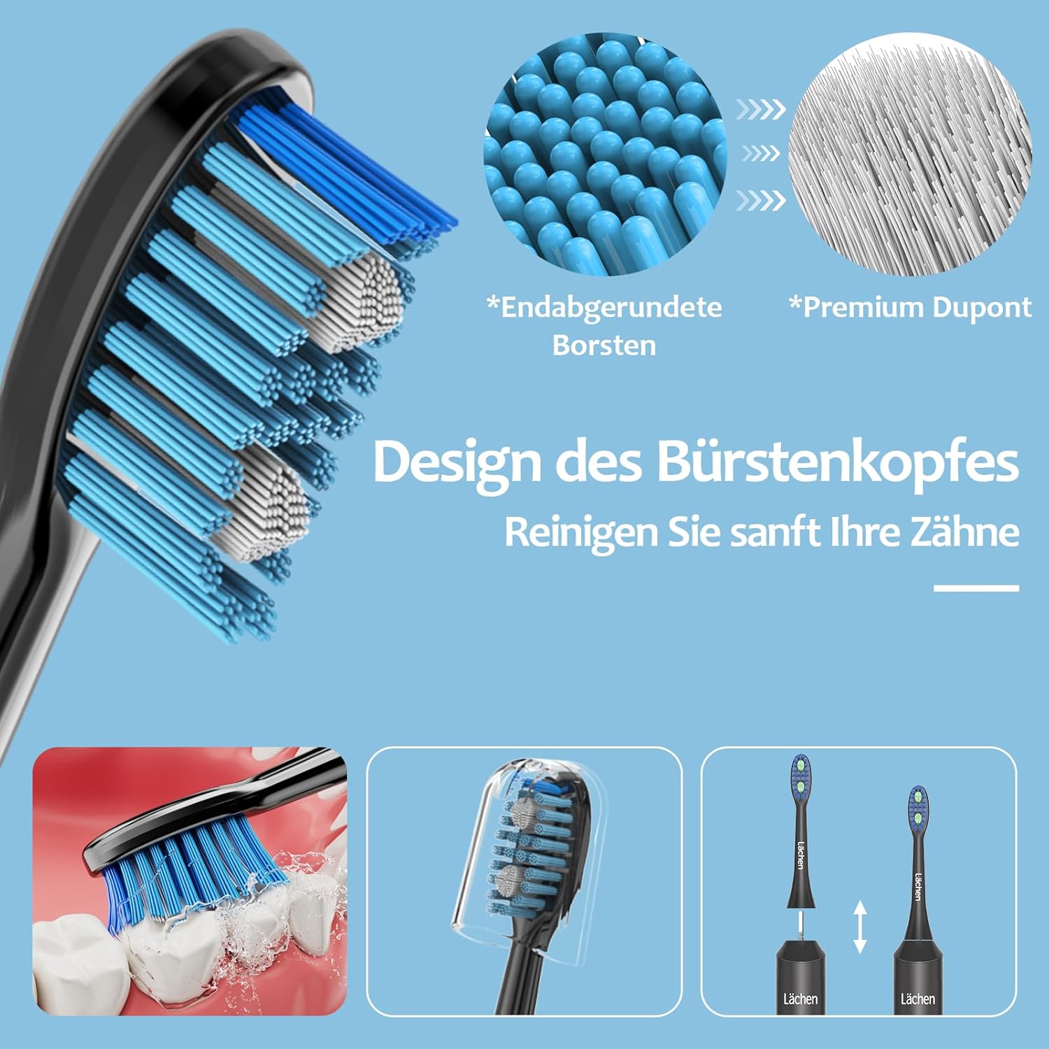 Thumbnail 4 de Lächen Elektrische Schallzahnbürste mit 5 Reinigungsmodi, Reise-Etui & USB-Ladung (IPX7, Schwarz)