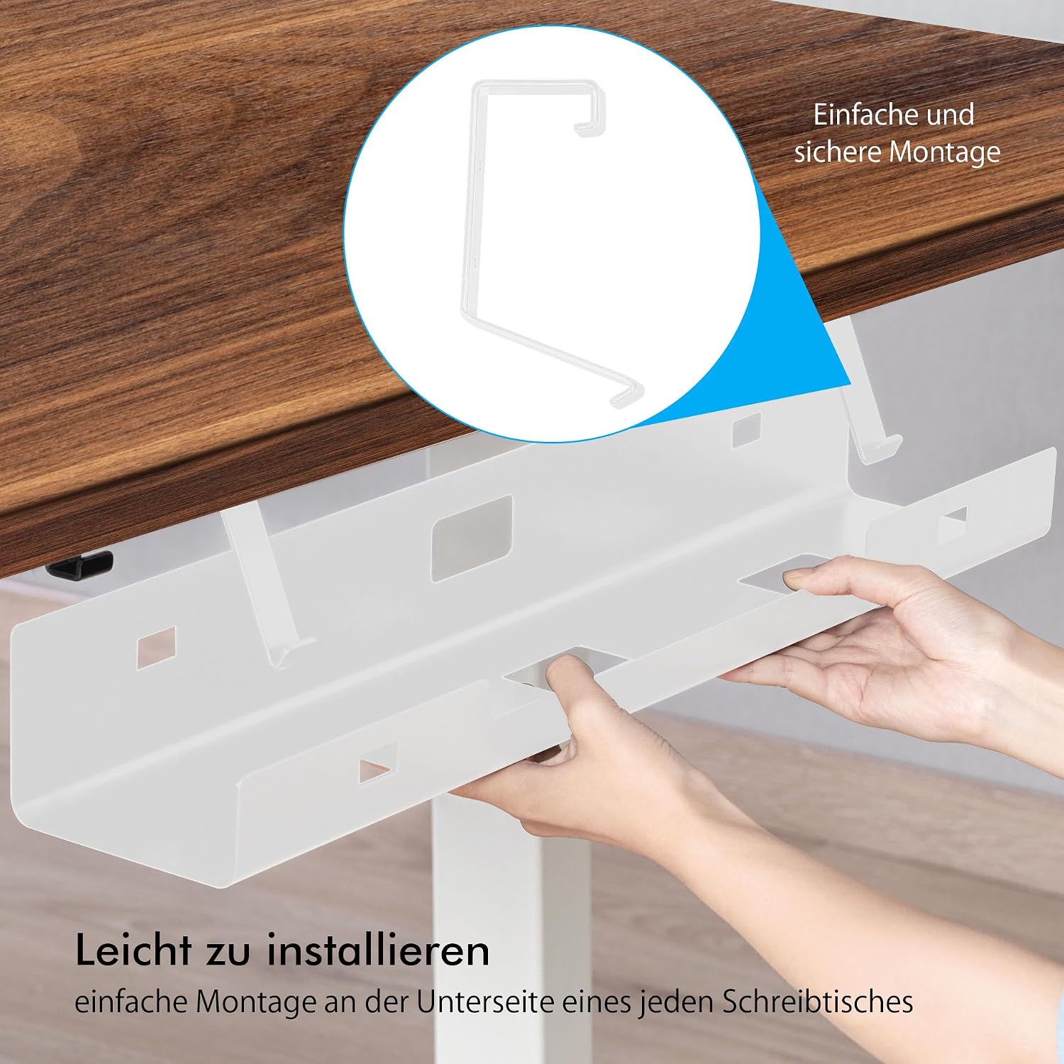 Detalle de Mimoke Kabelmanagement Tray 2er-Set 120 cm (2×60 cm) Stahl – Untertisch-Kabelschale für Schreibtisch, Steckdosenleiste (Weiß)