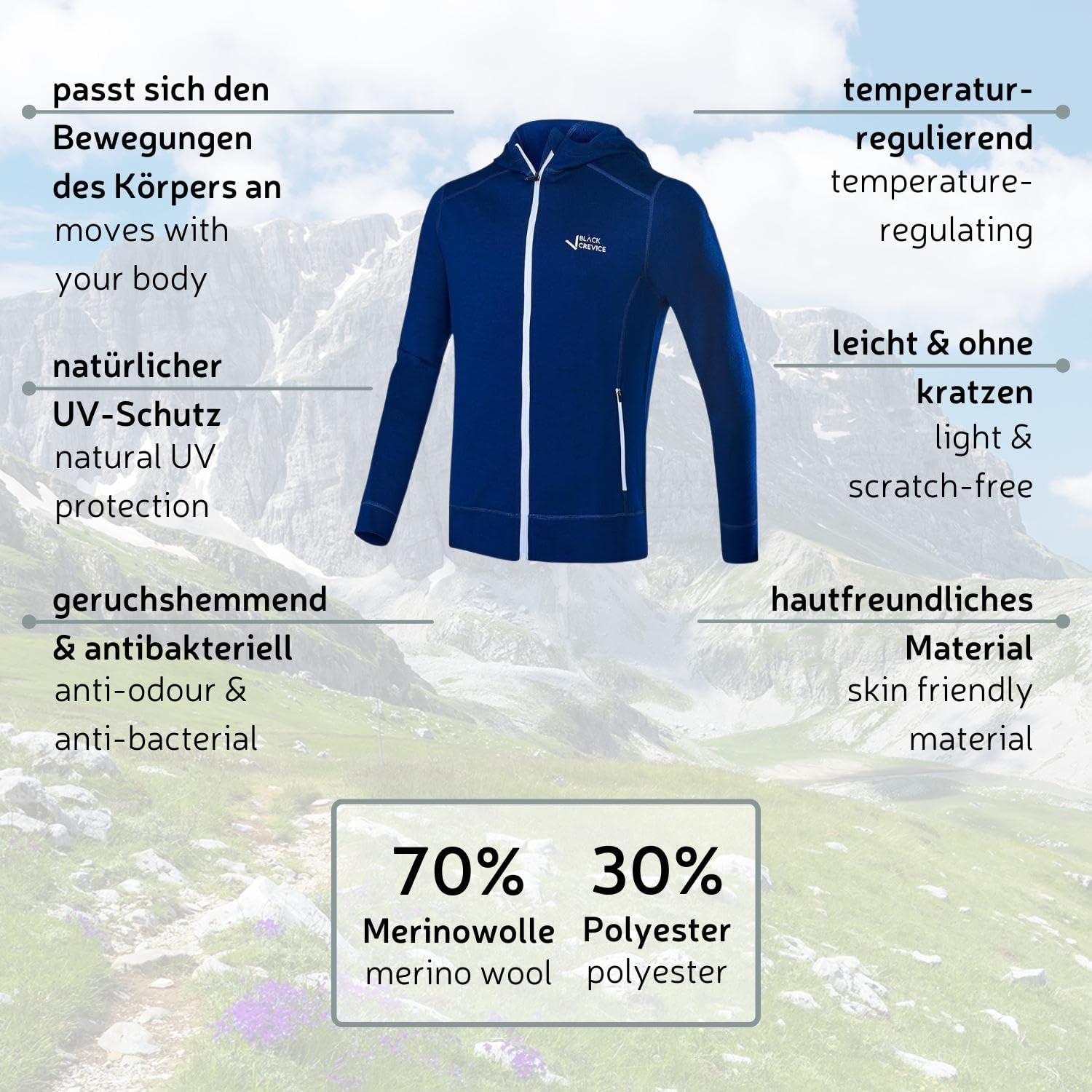 Detalle 2 de Black Crevice Giacca in lana merino da uomo con cappuccio – 70% lana merino, 30% PES, mulesing free
